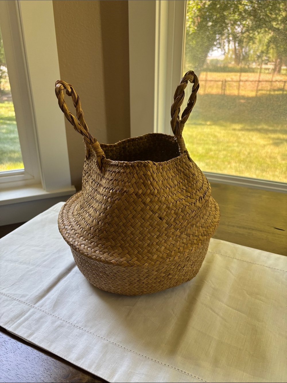 Boho Handwoven Seagrass Storage Basket with Braided Handles - Natural Tan